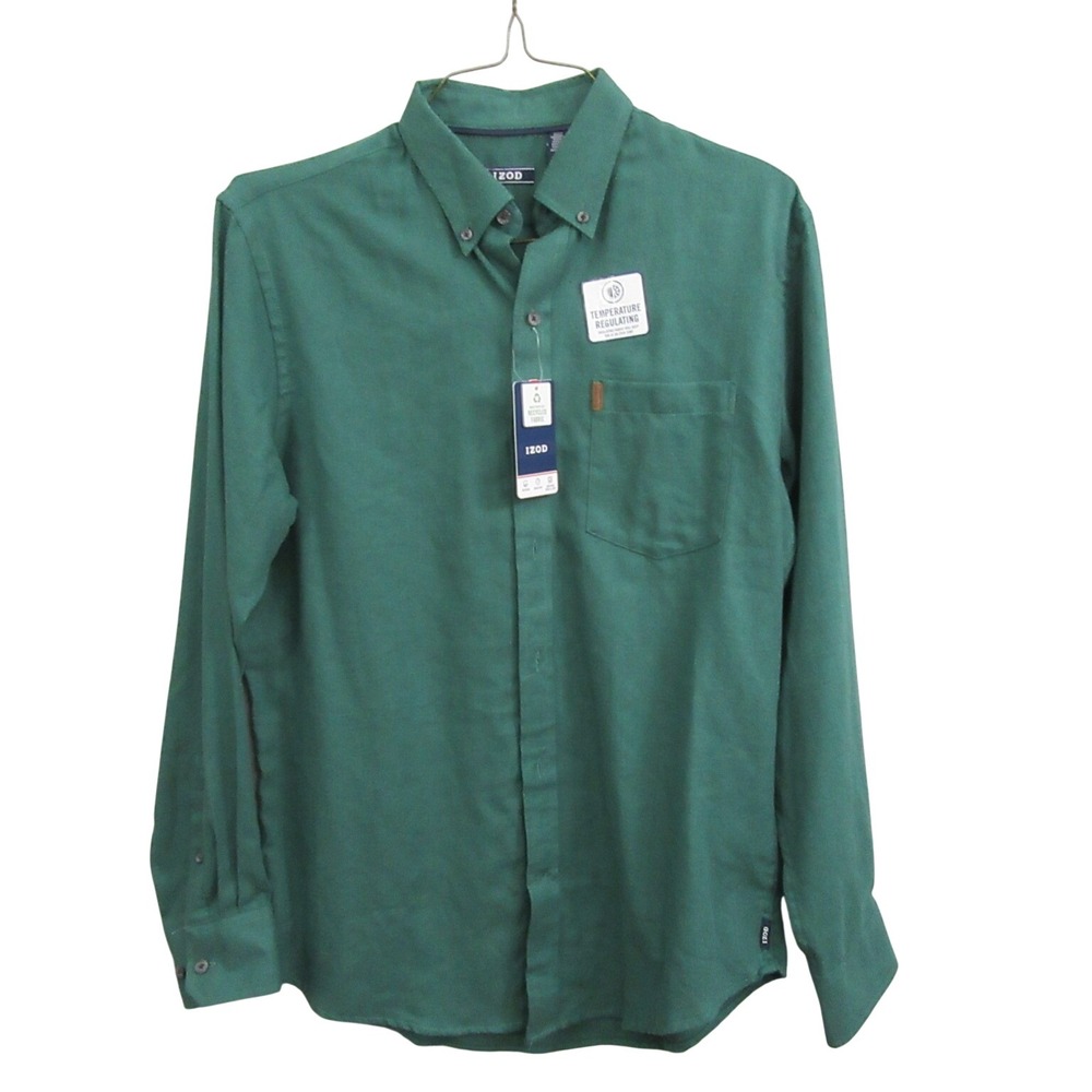 Izod Mens Button Down Shirt M Forest Green Long Sleeve Pocket NEW